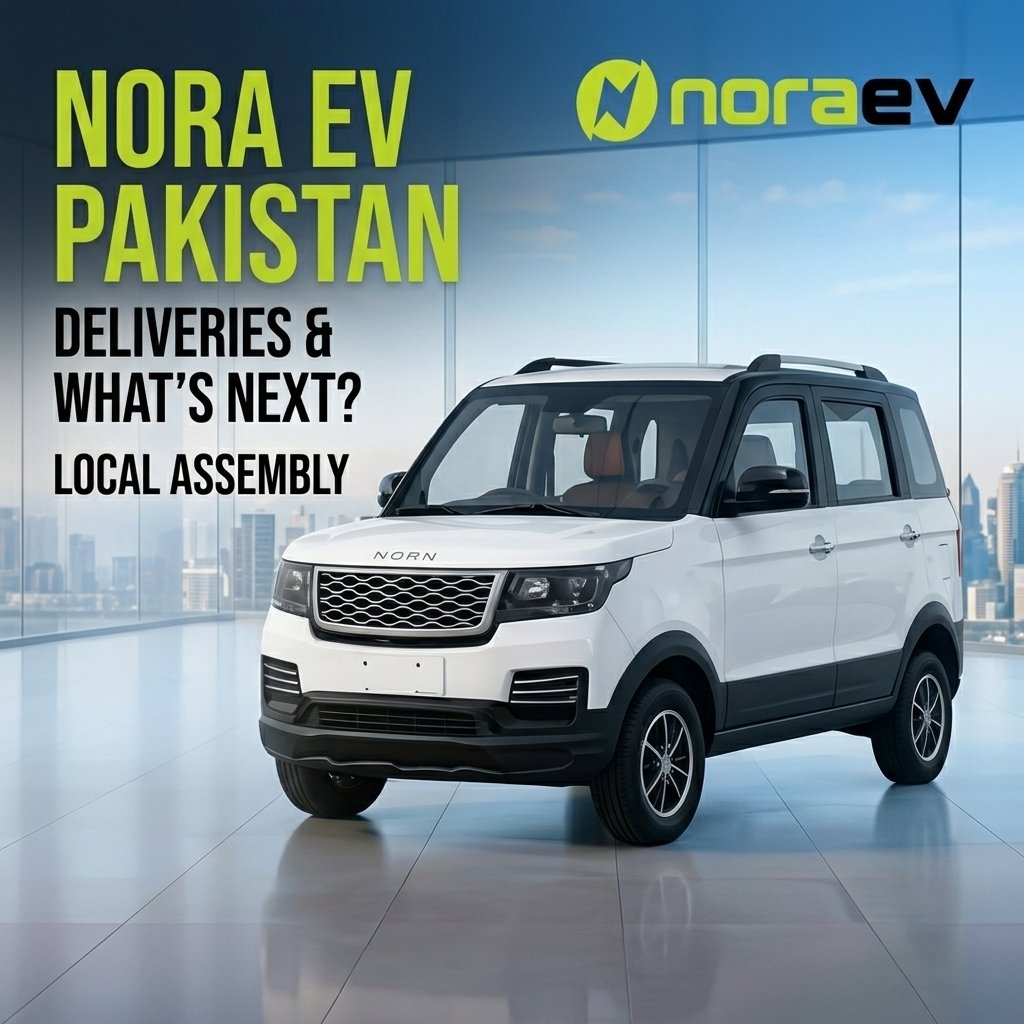 White Nora EV car compact hatchback-style electric vehicle in Pakistan showroom